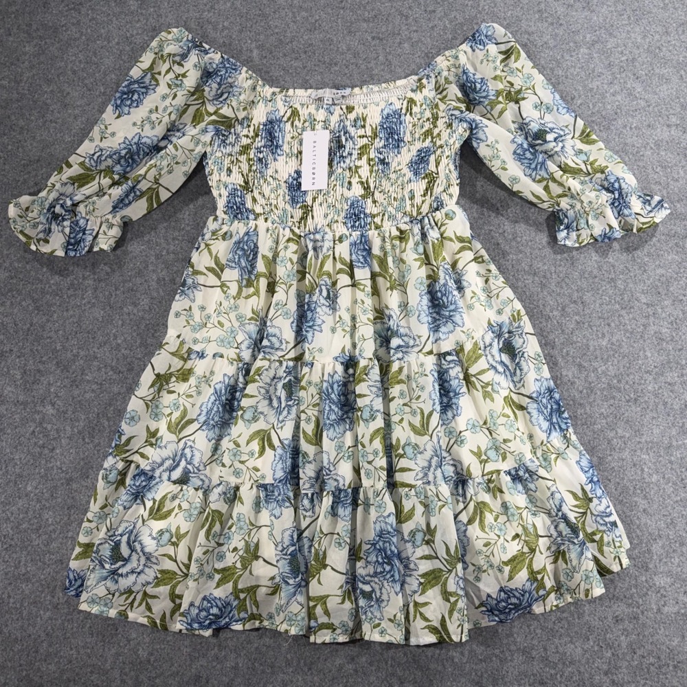 Baltic Born Marianne Smocked Short Dress Blue Floral XL NWT